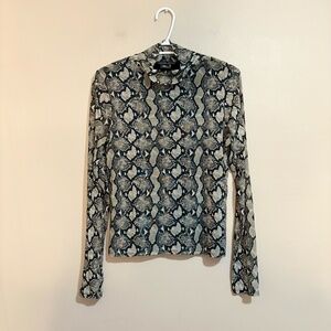 Rachel Zoe Mesh Snake Skin Print Turtleneck w Sheer Long Sleeves
